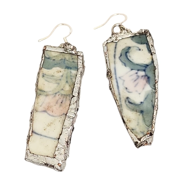 Hand Crafted Jewelry - FloralPastel Bar Earrings Upcycled Vintage China Jewelry Silver-Plated Porcelain